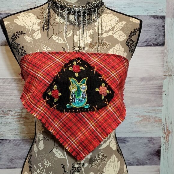 Hand Crafted Tops - Handmade Red Plaid Beaded Owl Strapless Top Party Sz XS-M Upcycled Sequin Fun